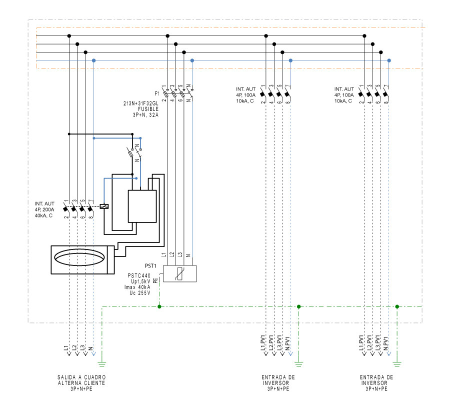 ARMARIO CONEXIÓN 400V AC 3P+N, ENTRADA PARA 2 INVERSORES HASTA 100A, SALIDA 200A CON DIFERENCIAL + PROTECTOR SOBRETENSIONES 