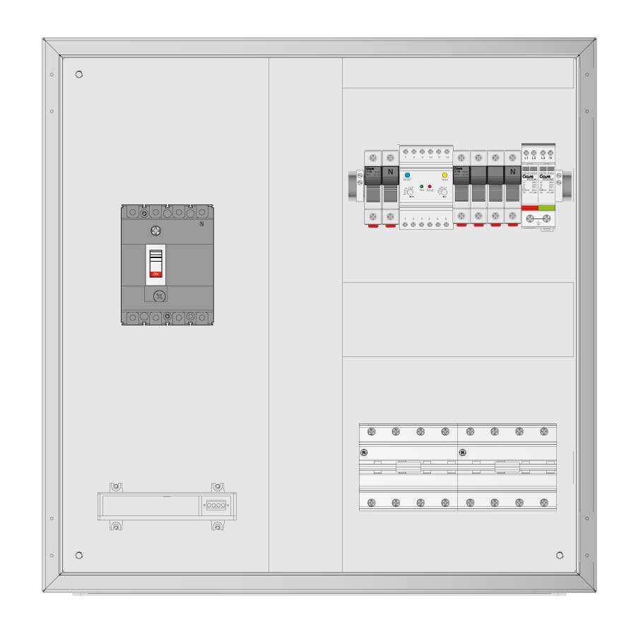 ARMARIO CONEXIÓN 400V AC 3P+N, ENTRADA PARA 2 INVERSORES HASTA 80A, SALIDA 160A + PROTECTOR SOBRETENSIONES PLANO